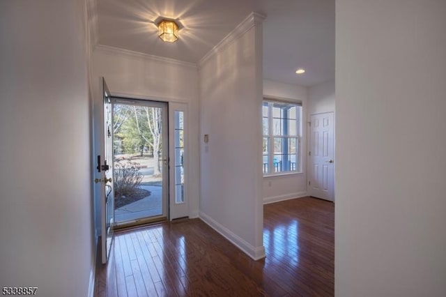 foyer entrance featuring crown molding, dark wood finished floors, plenty of natural light, and baseboards