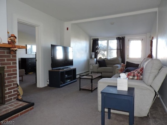 living area featuring vaulted ceiling, carpet floors, a fireplace, and a baseboard radiator