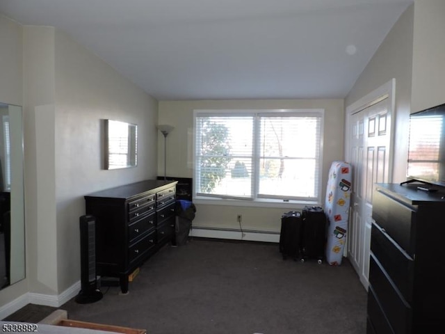 miscellaneous room featuring a baseboard radiator, carpet flooring, vaulted ceiling, and baseboards