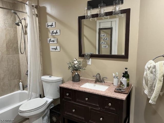 full bathroom featuring toilet, shower / bathtub combination with curtain, and vanity