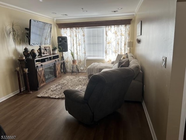 living room featuring crown molding and dark hardwood / wood-style floors