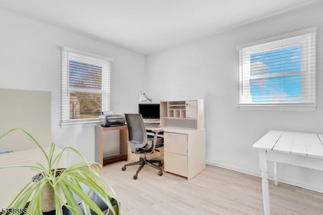 home office featuring light wood-style floors and baseboards