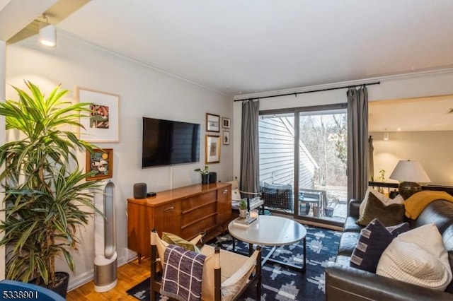 living room with crown molding