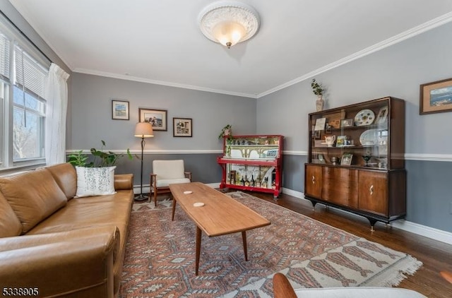 living room with dark hardwood / wood-style flooring and ornamental molding