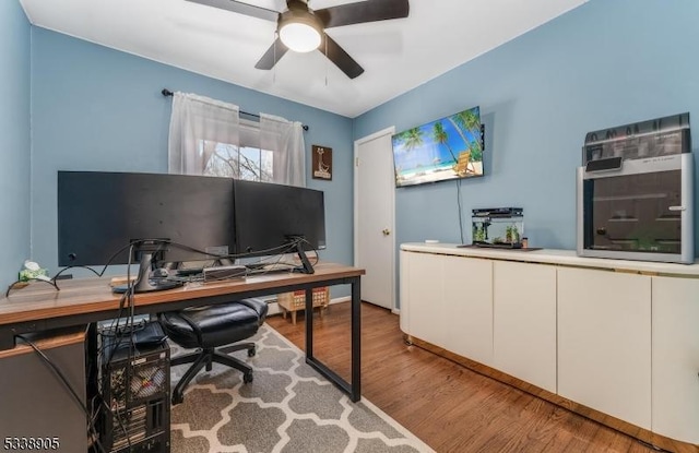 office area featuring light hardwood / wood-style floors and ceiling fan