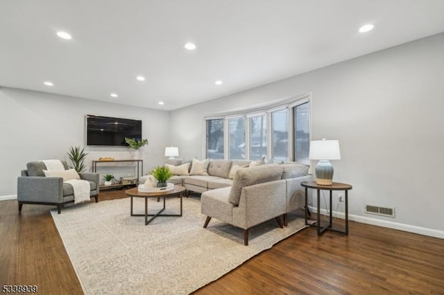 living room with dark wood-type flooring