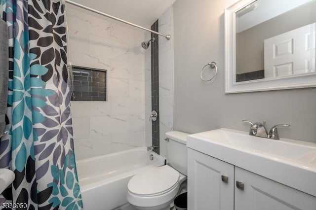 bathroom with toilet, shower / bathtub combination with curtain, and vanity