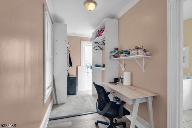 office area with crown molding and light hardwood / wood-style flooring