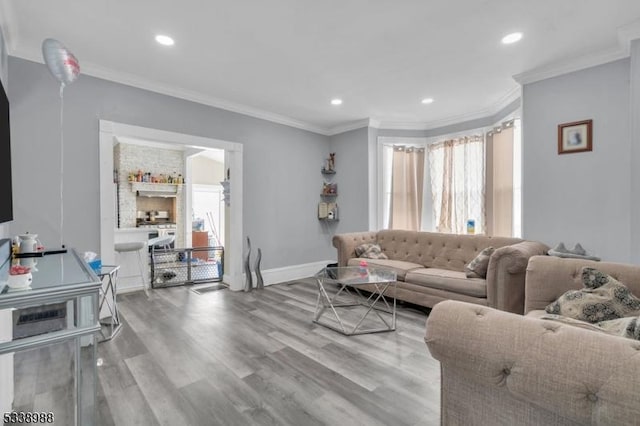 living room with ornamental molding, wood-type flooring, and a wealth of natural light