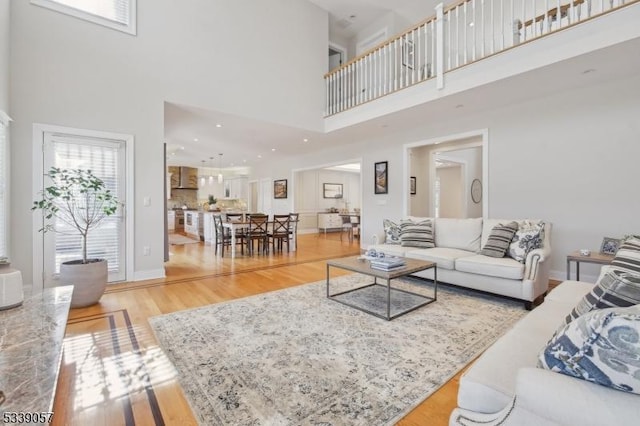 living area with wood finished floors, a towering ceiling, and baseboards