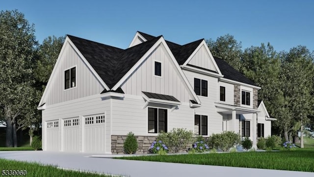 modern inspired farmhouse featuring a standing seam roof, an attached garage, concrete driveway, stone siding, and board and batten siding