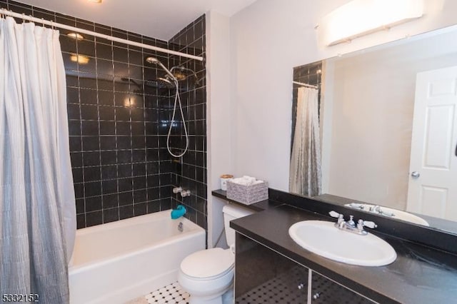 full bath with a sink, shower / bathtub combination with curtain, and toilet