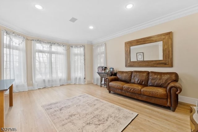 living room with light hardwood / wood-style floors and crown molding