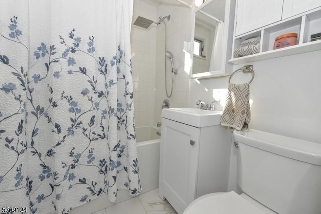 full bathroom with vanity, toilet, and shower / bath combo with shower curtain