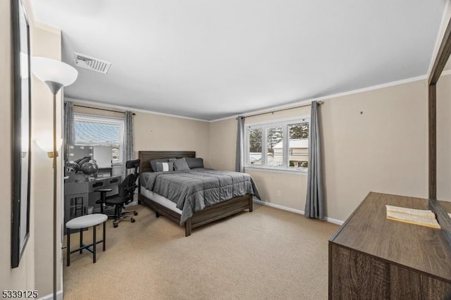 carpeted bedroom featuring ornamental molding