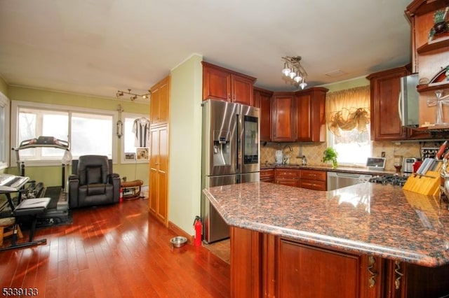 kitchen with a peninsula, appliances with stainless steel finishes, dark wood finished floors, and a healthy amount of sunlight