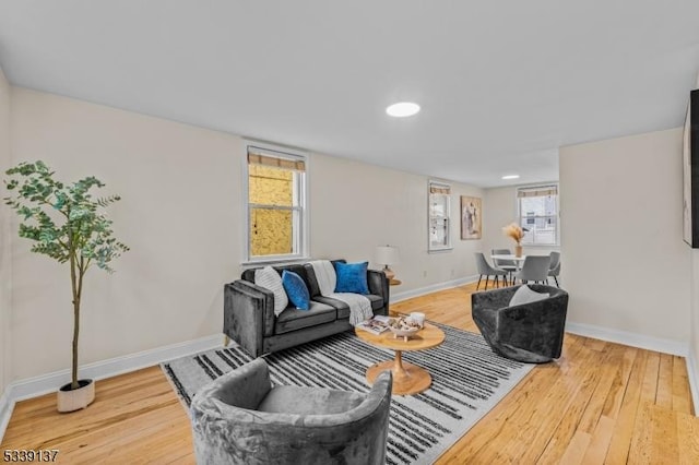 living area with wood finished floors, a wealth of natural light, and baseboards