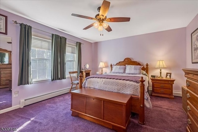 bedroom with carpet floors, baseboards, a ceiling fan, and a baseboard radiator