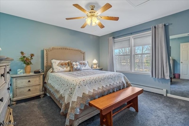 bedroom with a baseboard radiator, ceiling fan, and dark carpet