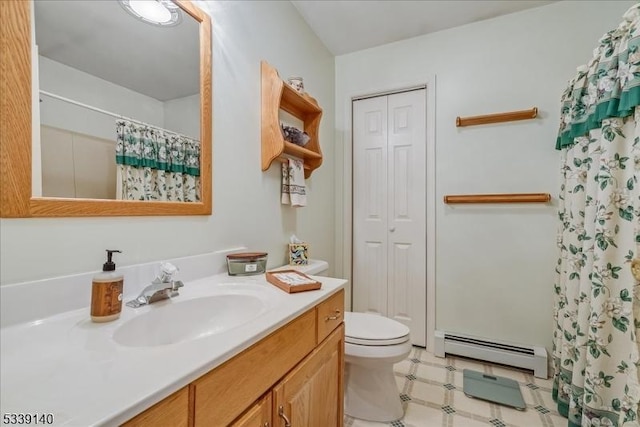 bathroom with tile patterned floors, toilet, a shower with curtain, a baseboard radiator, and vanity