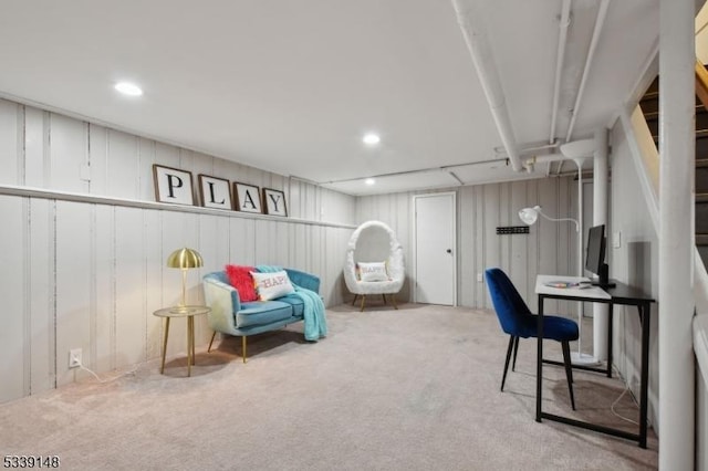 interior space featuring carpet floors, stairway, and recessed lighting