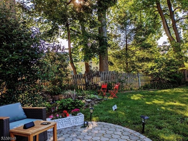 view of yard with a patio and fence