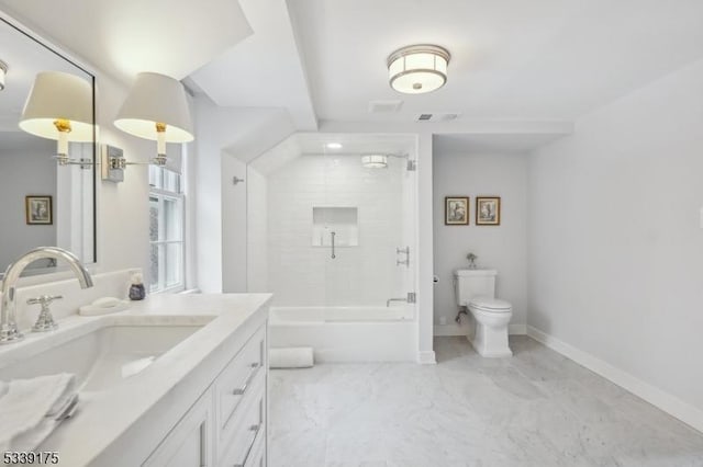 bathroom featuring baseboards, visible vents, toilet, marble finish floor, and vanity