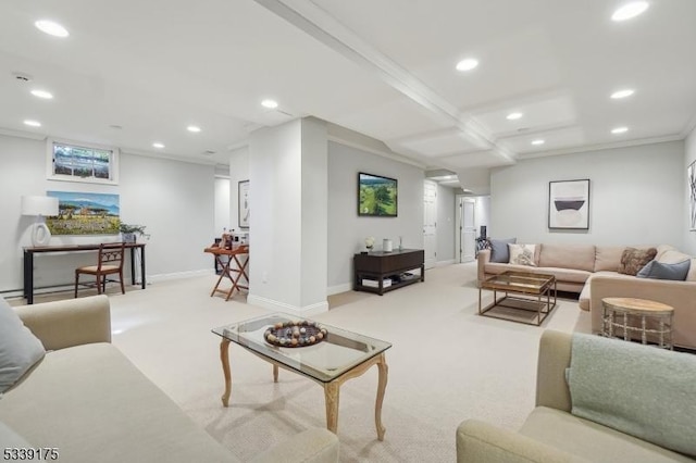 living area featuring ornamental molding, recessed lighting, light colored carpet, and baseboards