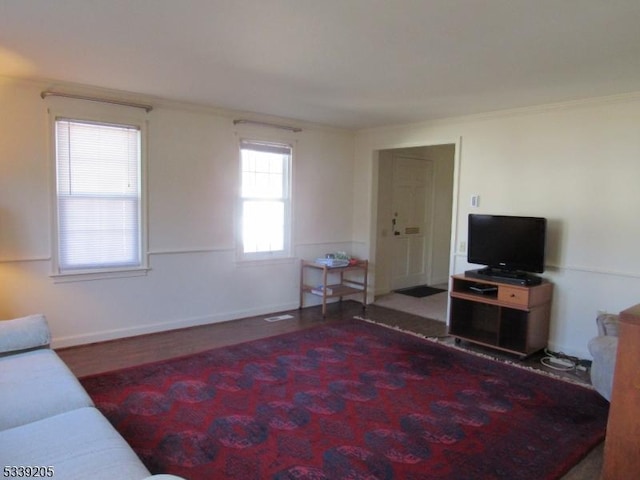 living room featuring hardwood / wood-style floors and ornamental molding