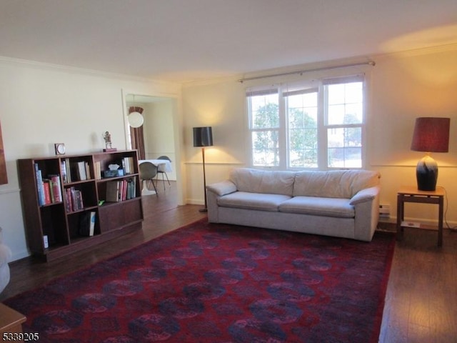 living room featuring crown molding and dark hardwood / wood-style flooring