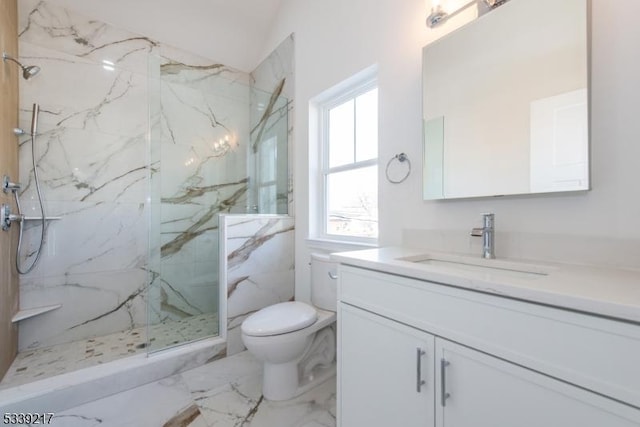 full bath with marble finish floor, toilet, vanity, and a marble finish shower