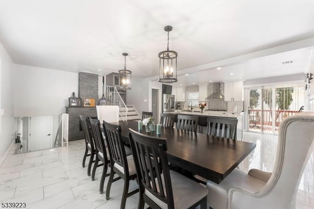 dining space featuring recessed lighting, visible vents, baseboards, stairs, and marble finish floor