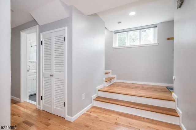 stairway with hardwood / wood-style floors