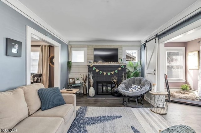 living area featuring ornamental molding, a barn door, a fireplace, and wood finished floors