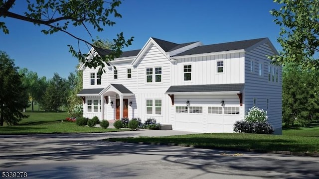 view of front of home featuring concrete driveway, a front lawn, board and batten siding, and an attached garage