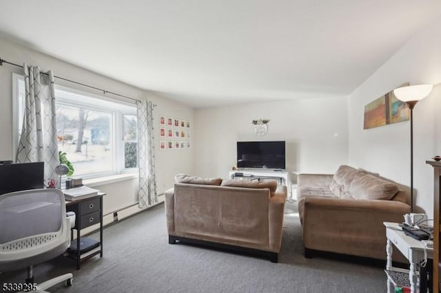 living area with dark colored carpet