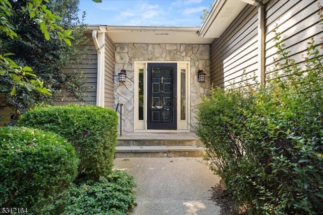 property entrance with stone siding