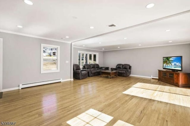 unfurnished living room featuring visible vents, a baseboard radiator, wood finished floors, crown molding, and recessed lighting