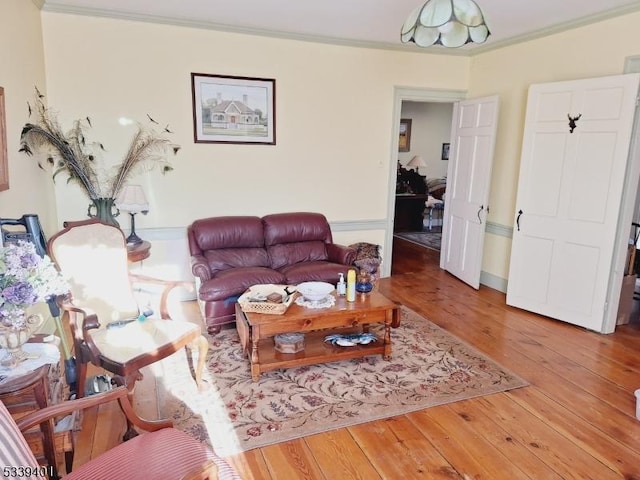 living area featuring ornamental molding and wood-type flooring