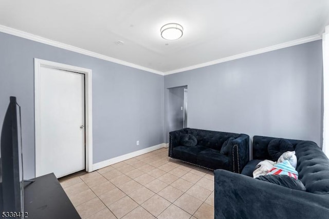 living room featuring light tile patterned floors and crown molding