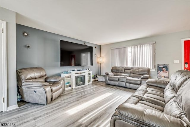 living room with light wood finished floors and a glass covered fireplace