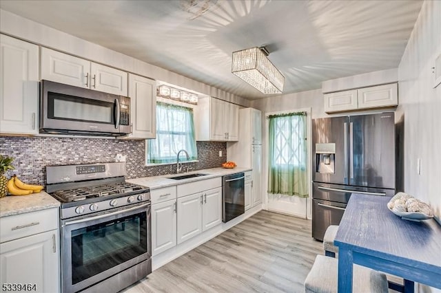 kitchen featuring stainless steel appliances, a sink, white cabinetry, light wood-style floors, and backsplash