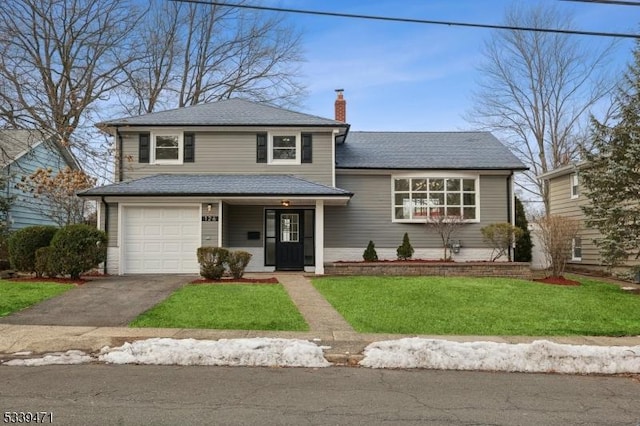 view of front of home featuring a garage, driveway, a chimney, and a front yard