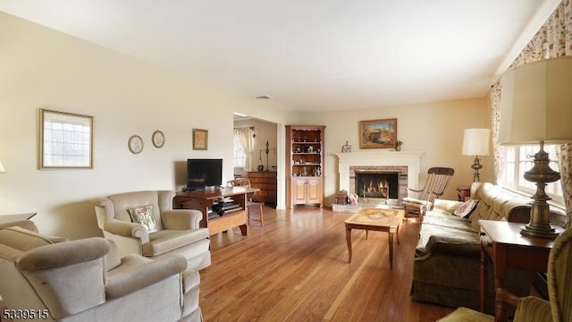 living area featuring a fireplace and wood finished floors