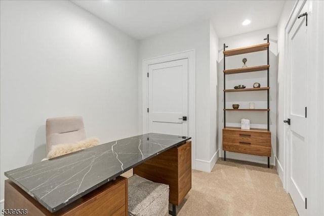 office with recessed lighting, light colored carpet, and baseboards