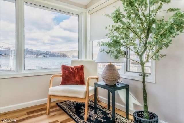 sitting room featuring a water view, wood finished floors, and baseboards