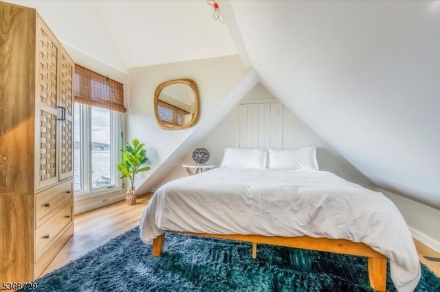 bedroom featuring vaulted ceiling and wood finished floors