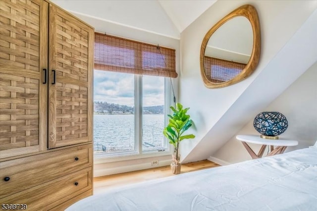 bedroom featuring lofted ceiling and a water view