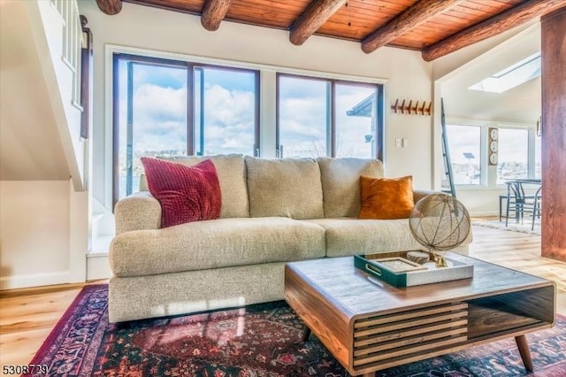 living area featuring wooden ceiling, a skylight, wood finished floors, baseboards, and beam ceiling