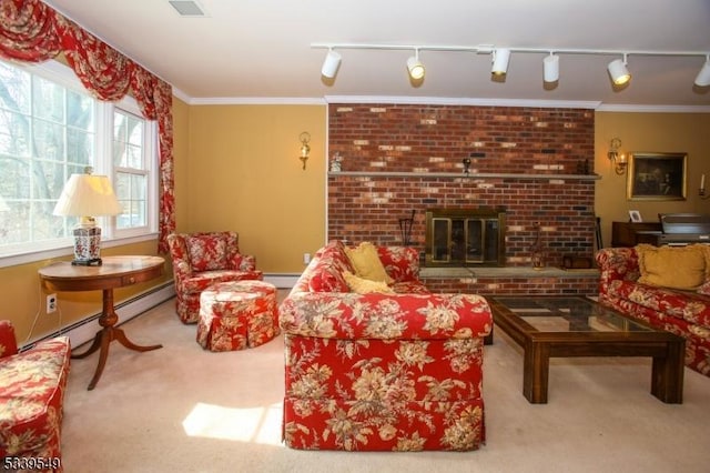 carpeted living room with ornamental molding, a fireplace, and baseboard heating